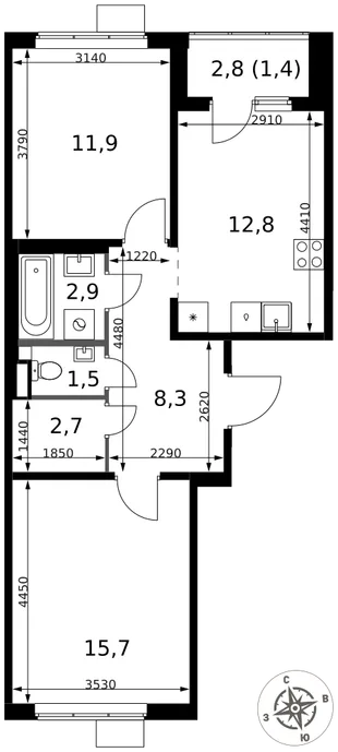 Планировка 2-комн. квартира, 57.2 м² ЖК «1-й Химкинский»