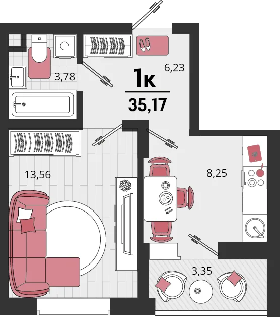 Планировка 1-комн. квартира, 35.17 м² ЖК «Родные просторы»