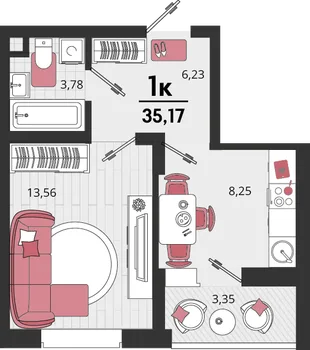 Планировка 1-комн. квартира, 35.17 м² ЖК «Родные просторы»