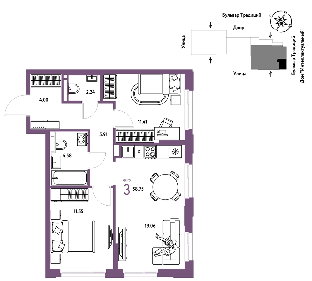 Планировка 3-комн. квартира, 58.75 м² ЖК «Микрорайон Домашний»