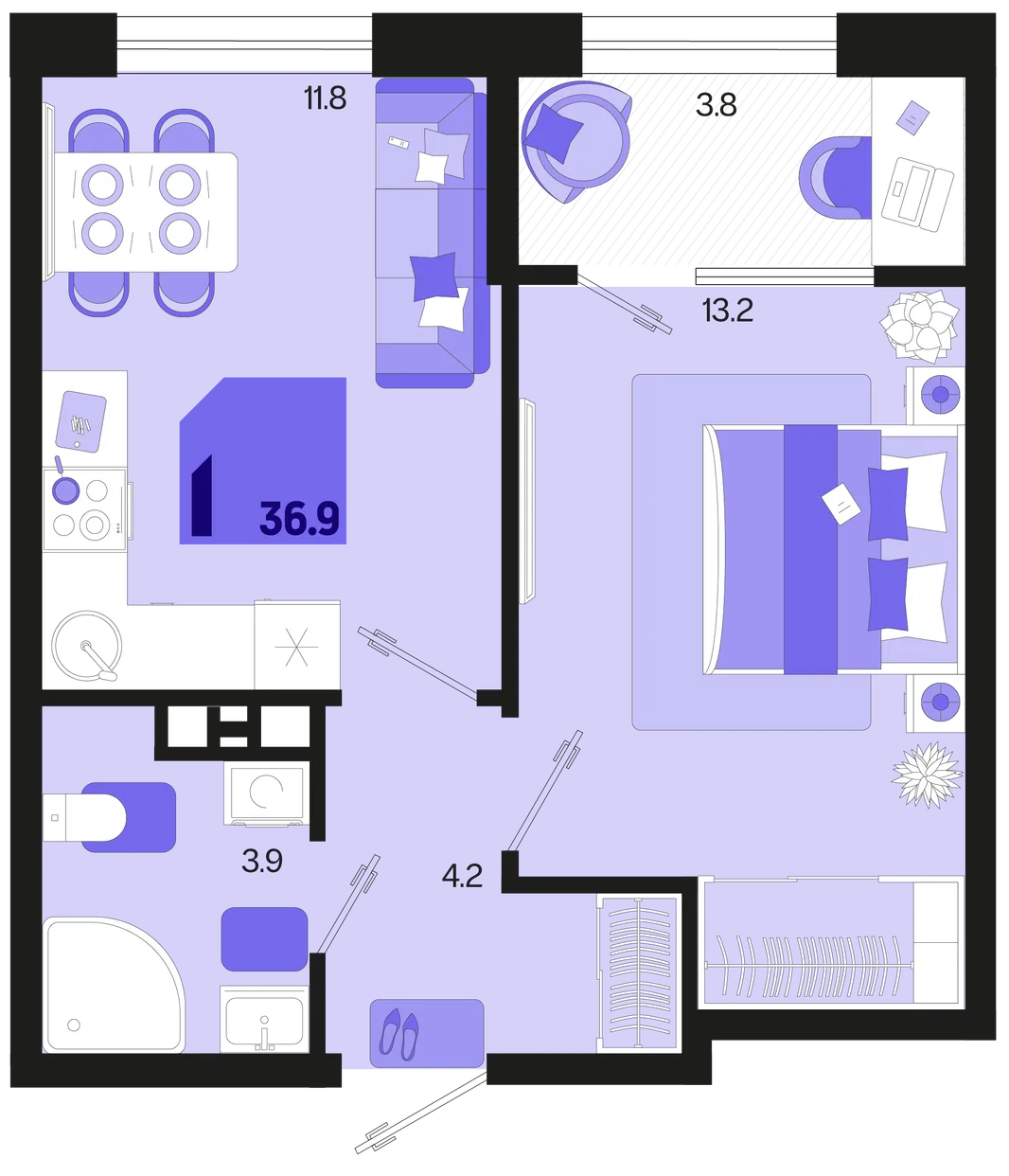 Планировка 1-комн. квартира, 36.9 м² ЖК «Первое место»