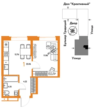 Планировка 1-комн. квартира, 33.06 м² ЖК «Микрорайон Домашний»