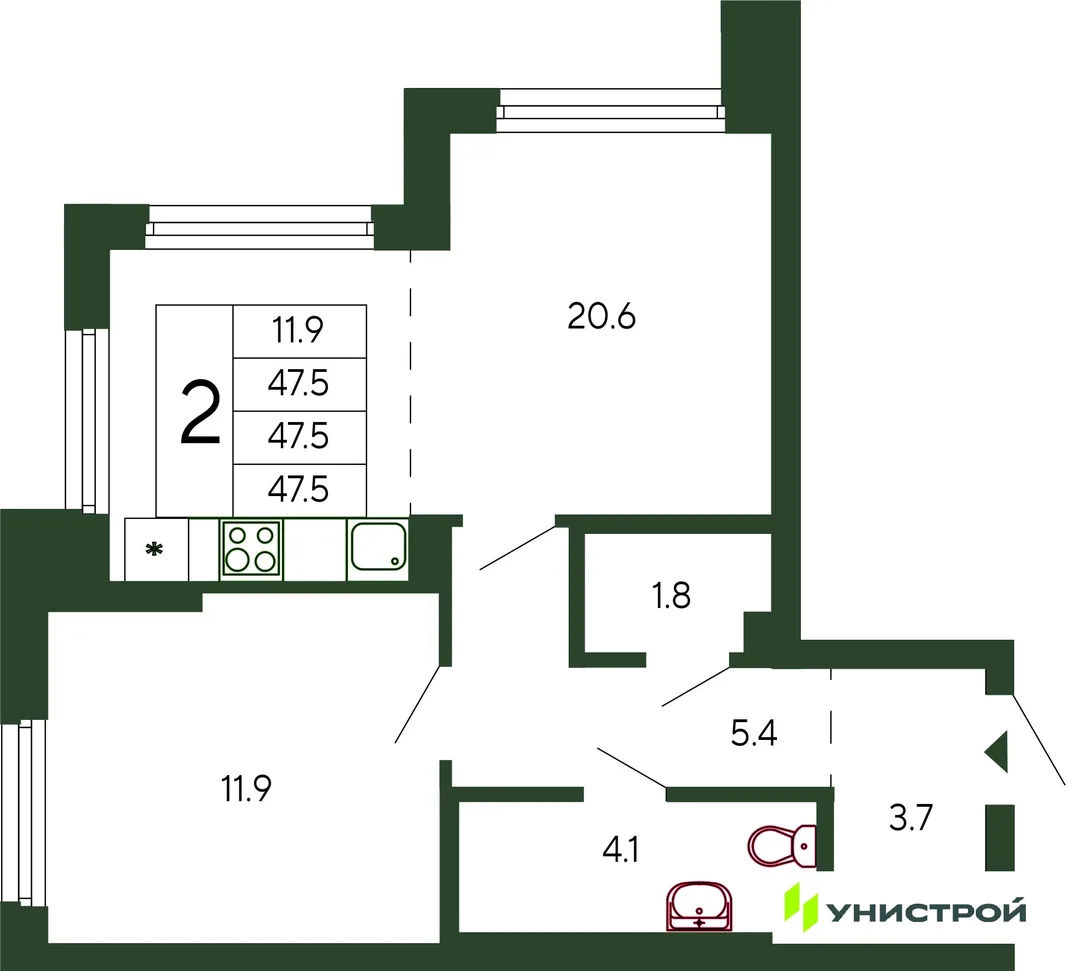 Планировка 1-комн. квартира, 47.5 м² ЖК «Парковый квартал 2.0»