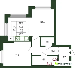 Планировка 1-комн. квартира, 47.5 м² ЖК «Парковый квартал 2.0»