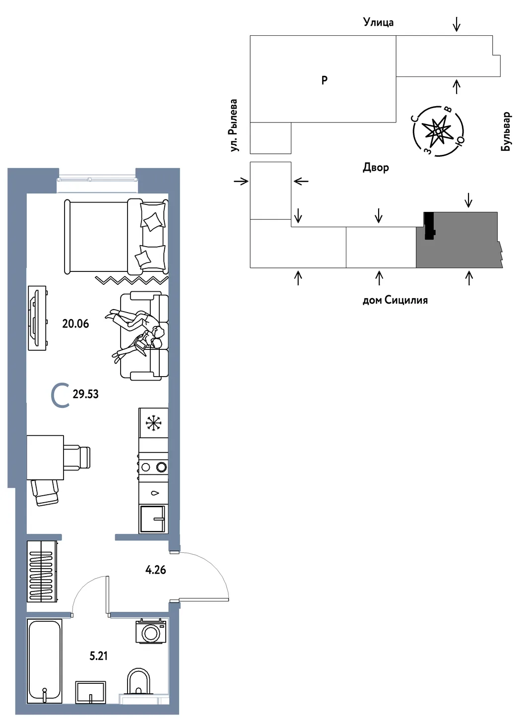 Планировка Студия, 29.53 м² ЖК «Остров-сад»