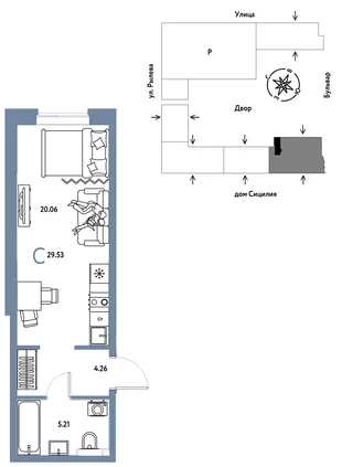 Планировка Студия, 29.53 м² ЖК «Остров-сад»