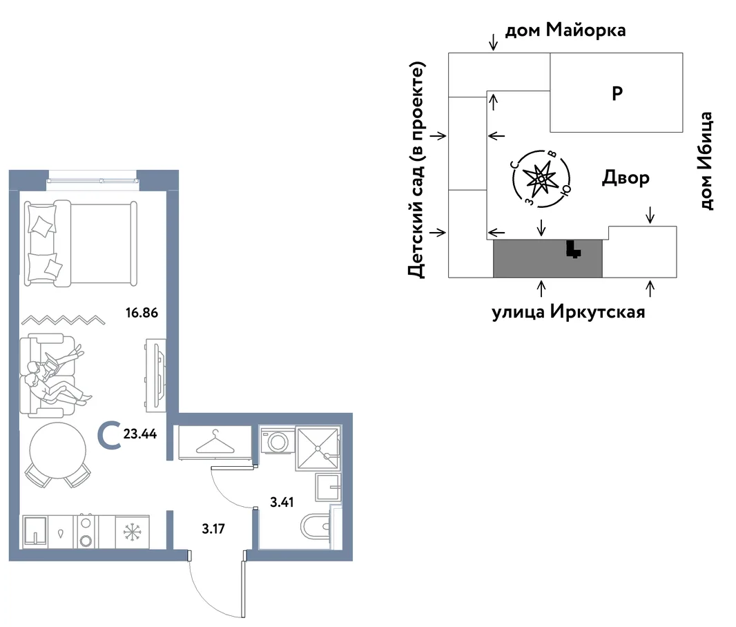 Планировка Студия, 23.44 м² ЖК «Остров-сад»