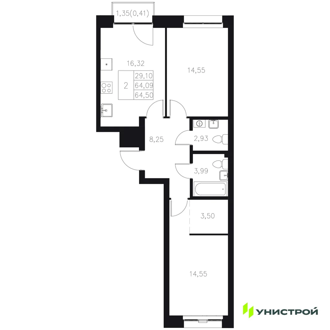 Планировка 2-комн. квартира, 64.5 м² ЖК «Statum»