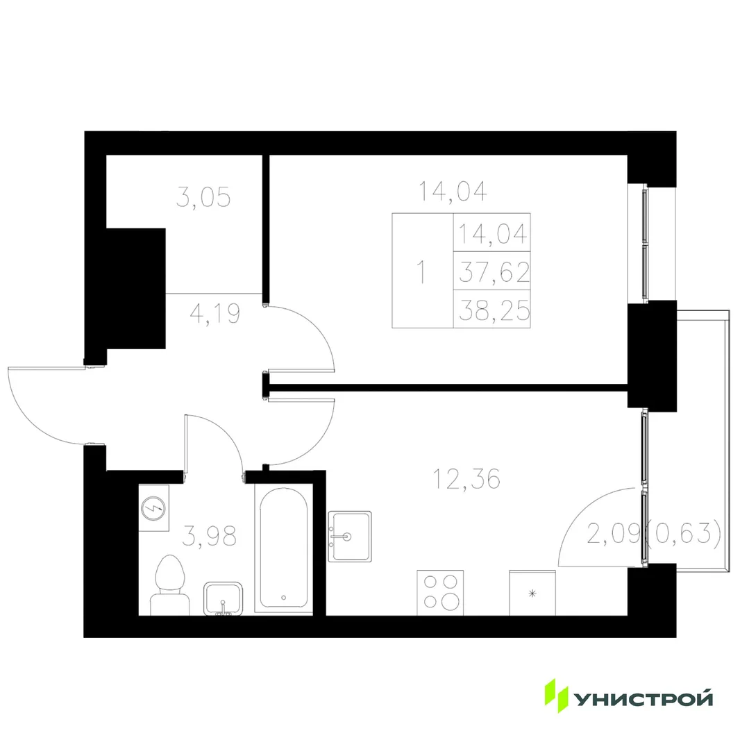 Планировка 1-комн. квартира, 38.25 м² ЖК «Statum»