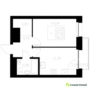 Планировка 1-комн. квартира, 38.25 м² ЖК «Statum»