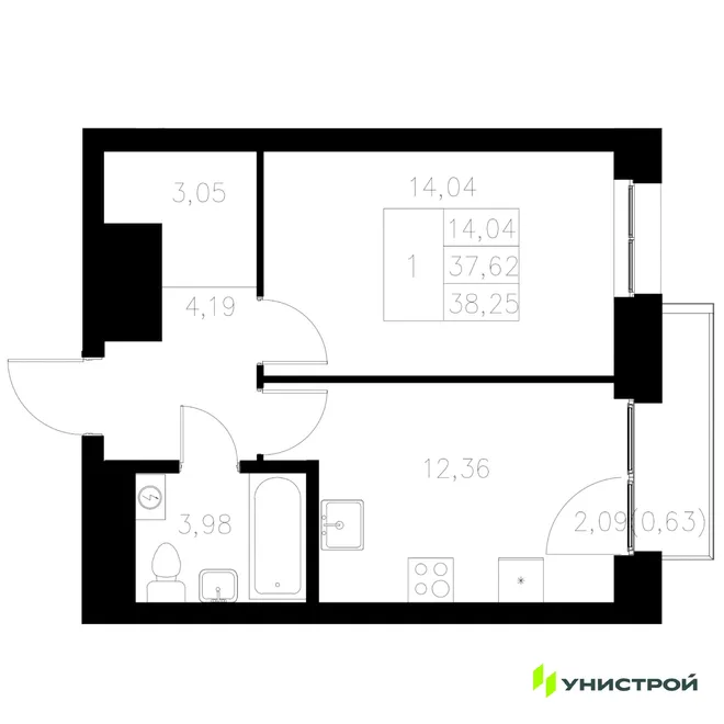 Планировка 1-комн. квартира, 38.25 м² ЖК «Statum» Планировка 1-комн. квартира, 38.25 м² ЖК «Statum»