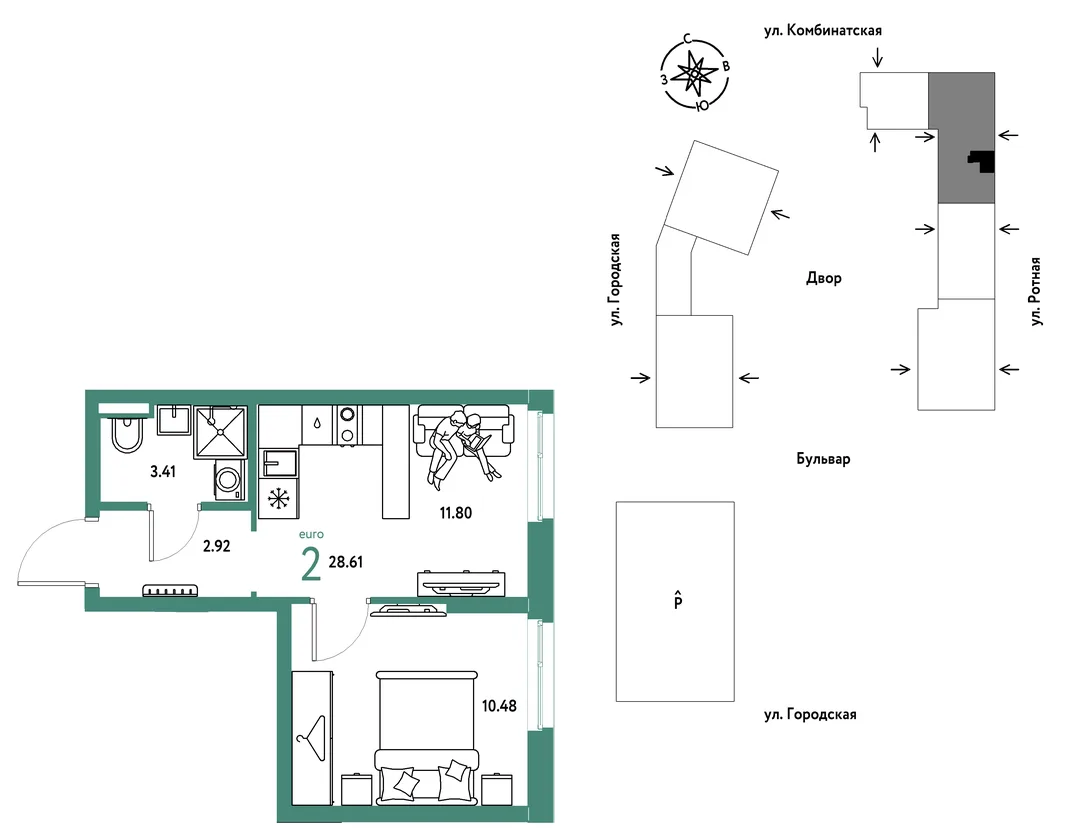 Планировка 2-комн. квартира, 28.61 м² ЖК «Уральский сад»