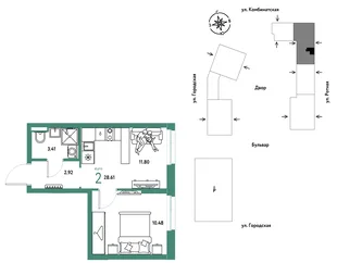 Планировка 2-комн. квартира, 28.61 м² ЖК «Уральский сад»