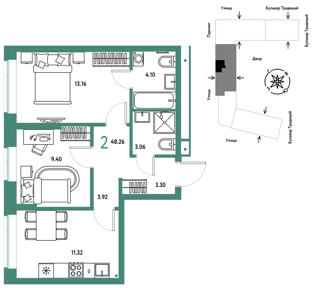 Планировка 2-комн. квартира, 48.26 м² ЖК «Микрорайон Домашний»