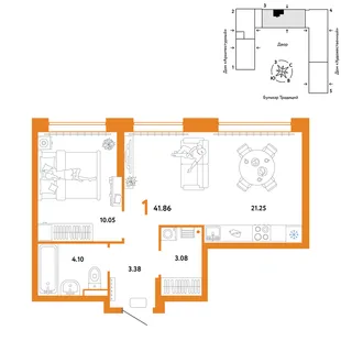 Планировка 1-комн. квартира, 41.86 м² ЖК «Микрорайон Домашний»