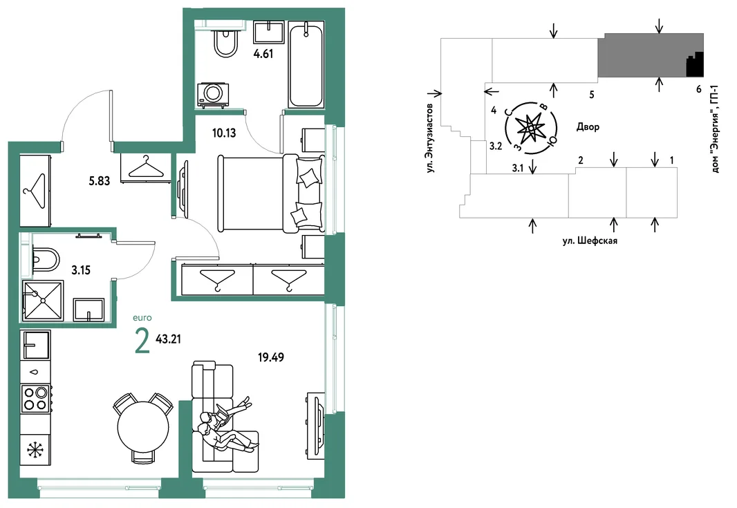Планировка 2-комн. квартира, 43.21 м² ЖК «Страна.Энтузиастов»