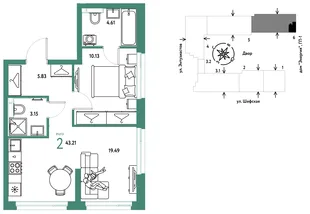 Планировка 2-комн. квартира, 43.21 м² ЖК «Страна.Энтузиастов»
