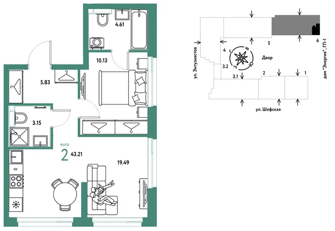 Планировка 2-комн. квартира, 43.21 м² ЖК «Страна.Энтузиастов» Планировка 2-комн. квартира, 43.21 м² ЖК «Страна.Энтузиастов»