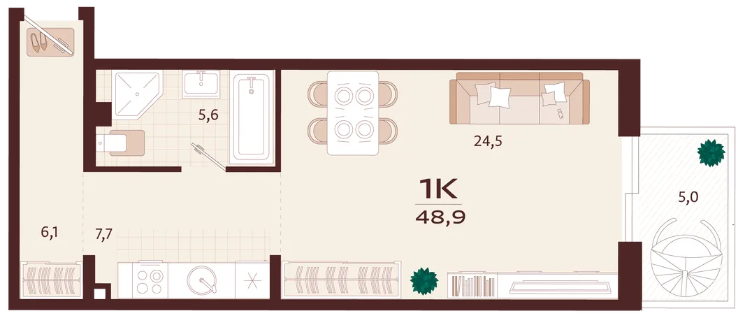 Планировка 1-комн. квартира, 48.9 м² ЖК «Роялта»