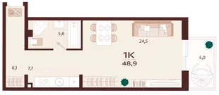 Планировка 1-комн. квартира, 48.9 м² ЖК «Роялта»