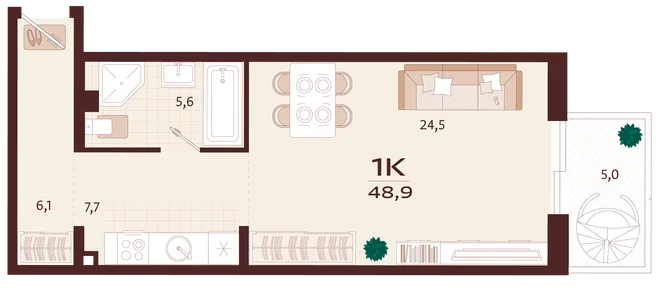 Планировка 1-комн. квартира, 48.9 м² ЖК «Роялта» Планировка 1-комн. квартира, 48.9 м² ЖК «Роялта»