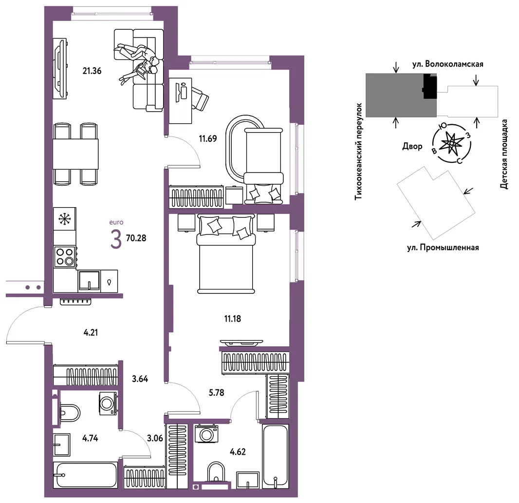 Планировка 3-комн. квартира, 70.28 м² ЖК «Страна Прибрежная»