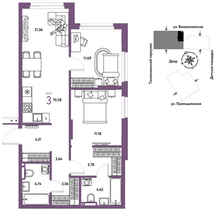 Планировка 3-комн. квартира, 70.28 м² ЖК «Страна Прибрежная»