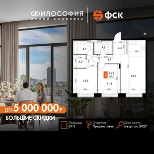 Планировка 3-комн. квартира, 67.3 м² ЖК «Философия»