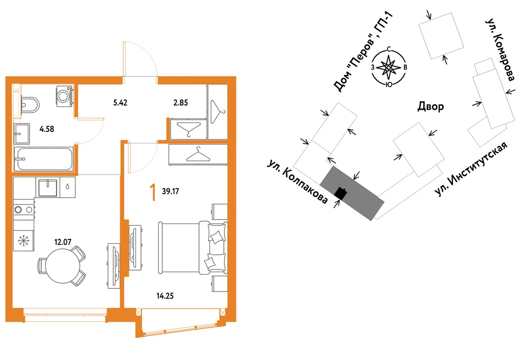 Планировка 1-комн. квартира, 39.17 м² ЖК «Страна.Парковая»