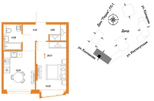 Планировка 1-комн. квартира, 39.17 м² ЖК «Страна.Парковая»