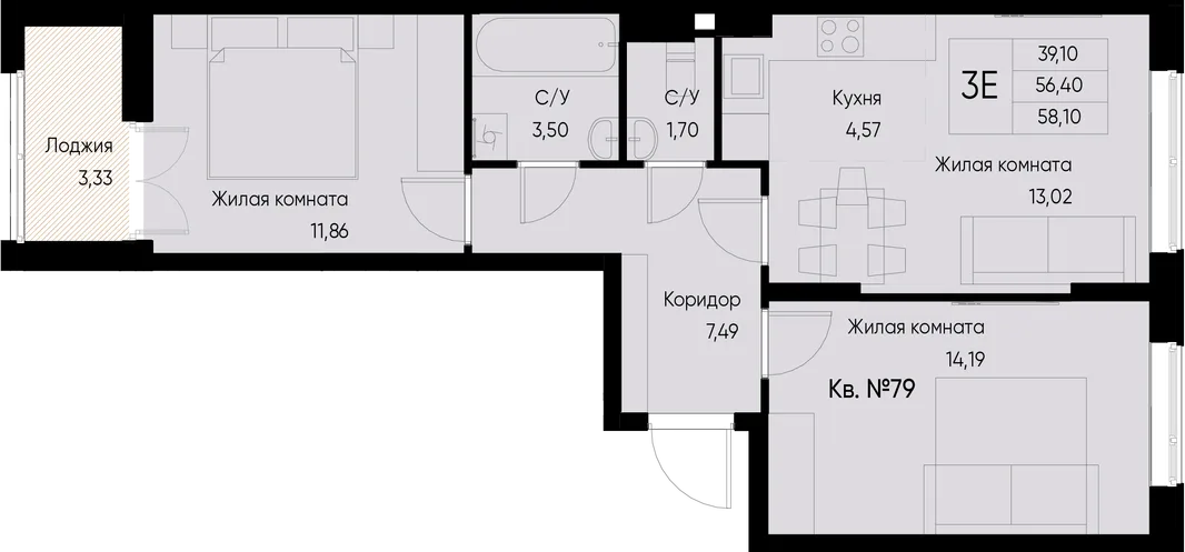 Планировка 3-комн. квартира, 59.8 м² ЖК «Васильевский остров»