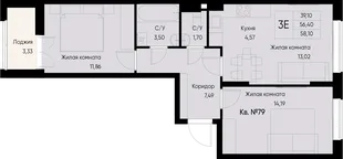 Планировка 3-комн. квартира, 59.8 м² ЖК «Васильевский остров»