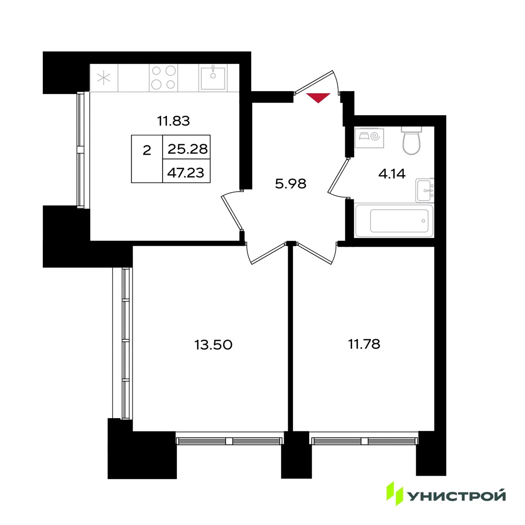 Планировка 2-комн. квартира, 47.23 м² ЖК «Уникум на Энгельса»