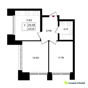 Планировка 2-комн. квартира, 47.23 м² ЖК «Уникум на Энгельса»