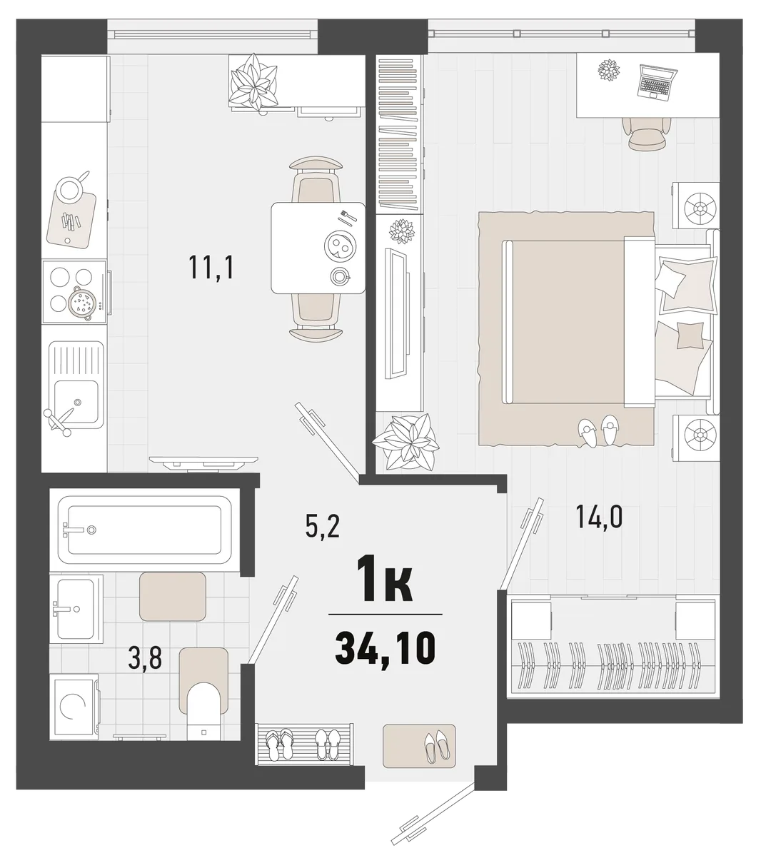 Планировка 1-комн. квартира, 34.1 м² ЖК «Барса»