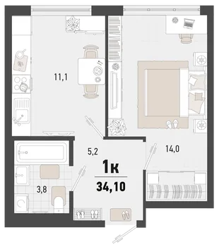 Планировка 1-комн. квартира, 34.1 м² ЖК «Барса»