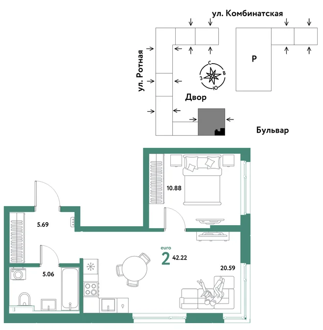 Планировка 2-комн. квартира, 42.22 м² ЖК «Уральский сад» Планировка 2-комн. квартира, 42.22 м² ЖК «Уральский сад»