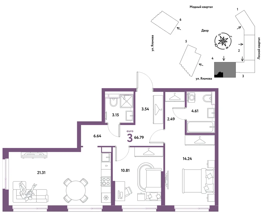 Планировка 3-комн. квартира, 66.79 м² ЖК «Сибирский сад»