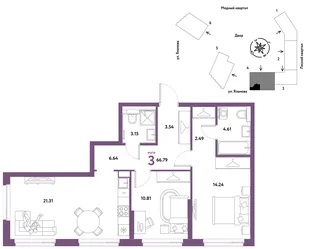 Планировка 3-комн. квартира, 66.79 м² ЖК «Сибирский сад»