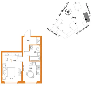 Планировка 1-комн. квартира, 35.68 м² ЖК «Страна.Парковая»