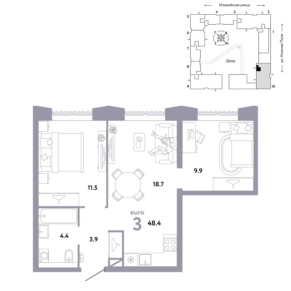 Планировка 3-комн. квартира, 48.4 м² ЖК «Страна.Заречная»