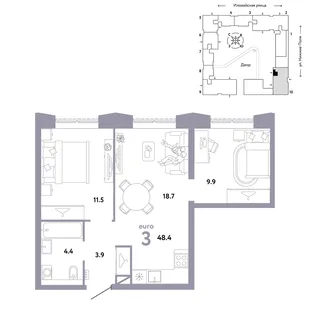 Планировка 3-комн. квартира, 48.4 м² ЖК «Страна.Заречная»