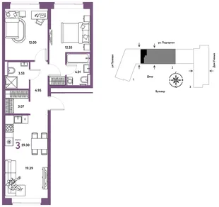 Планировка 3-комн. квартира, 59.45 м² ЖК «Авторский»