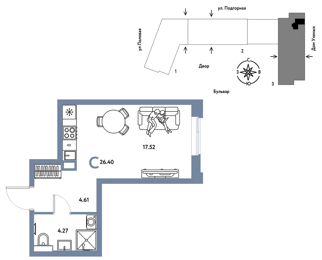 Планировка Студия, 26.48 м² ЖК «Авторский»