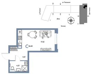 Планировка Студия, 26.48 м² ЖК «Авторский»