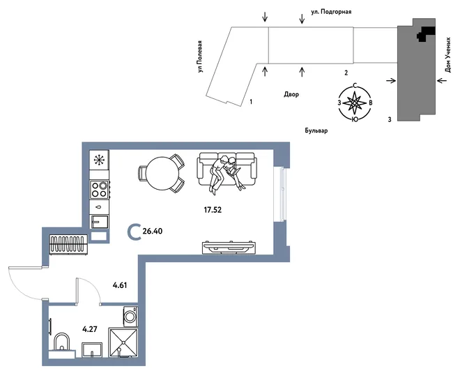 Планировка Студия, 26.48 м² ЖК «Авторский» Планировка Студия, 26.48 м² ЖК «Авторский»