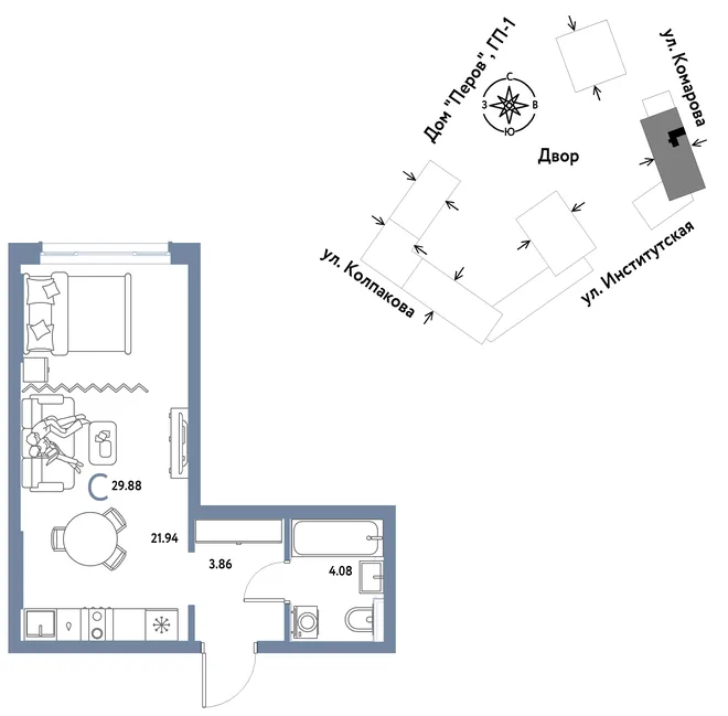 Планировка Студия, 29.88 м² ЖК «Страна.Парковая»