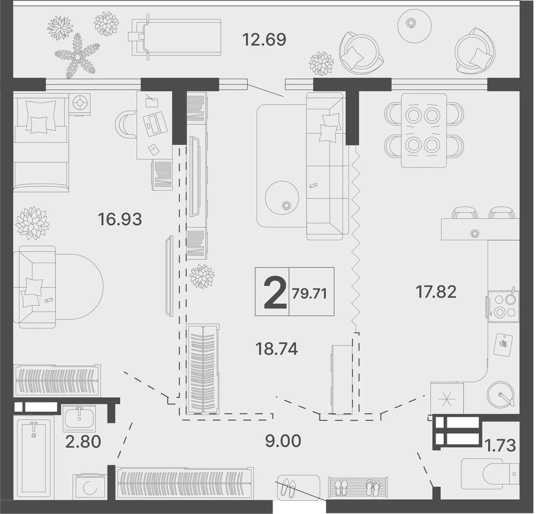 Планировка 2-комн. квартира, 79.71 м² ЖК «Светский лес»