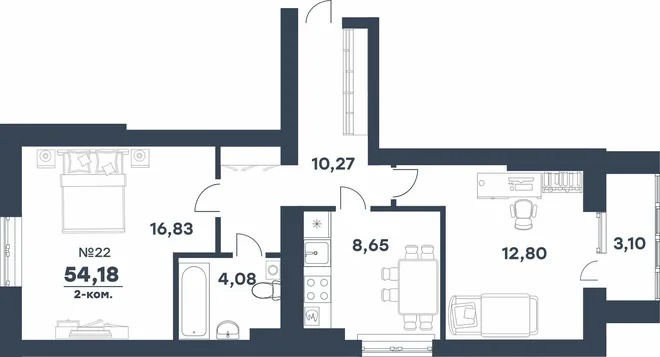 Планировка 2-комн. квартира, 54.18 м² ЖК «мкр. Долина»