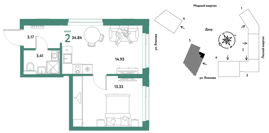 Планировка 2-комн. квартира, 34.84 м² ЖК «Сибирский сад»